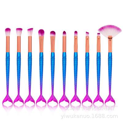 High Quality 10 Pcs Mermaid Colourful Makeup Brush Set Diamond Gradient Bright Foundation Brush Beauty Tools